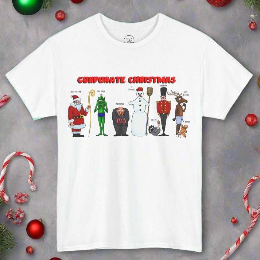Funny Christmas T-shirt with colorful cartoon Christmas characters on white cotton fabric, festive holiday design for coworkers gift