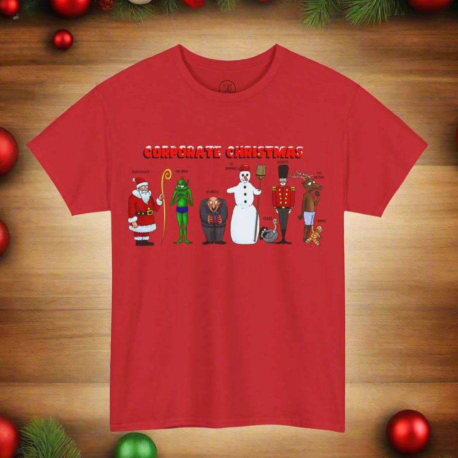Funny Christmas T-shirt with corporate holiday characters design on red cotton tee