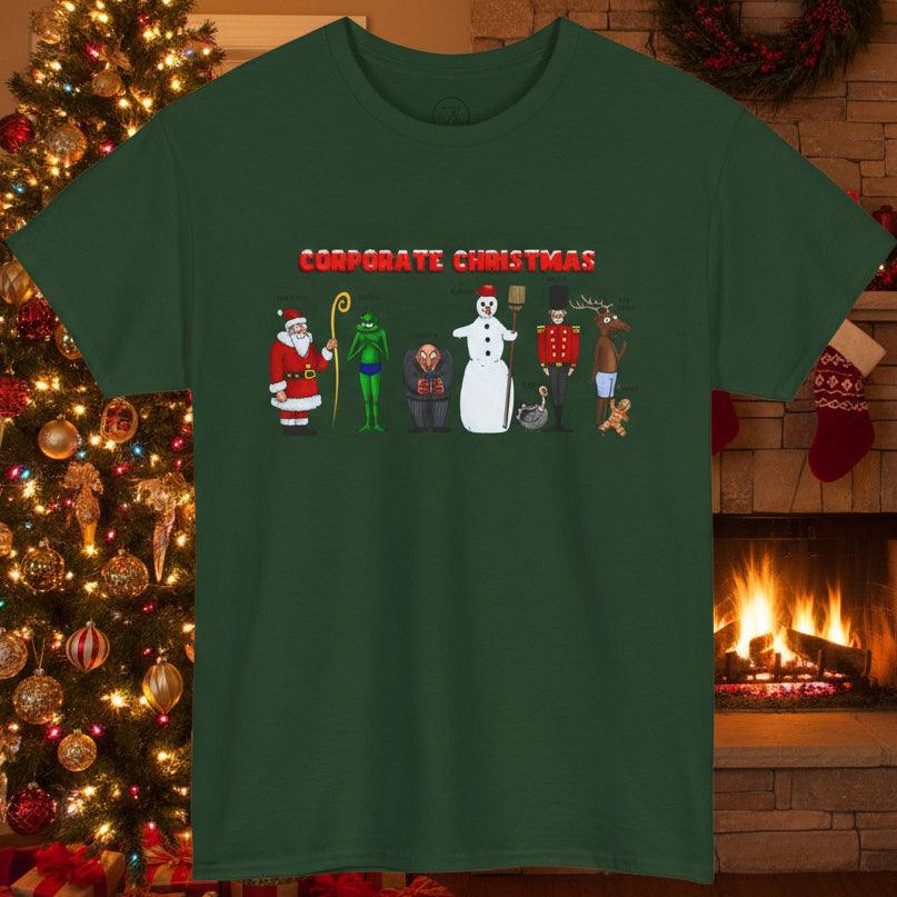 Funny Christmas T-shirt with festive characters and "Corporate Christmas" text on green heavy cotton tee