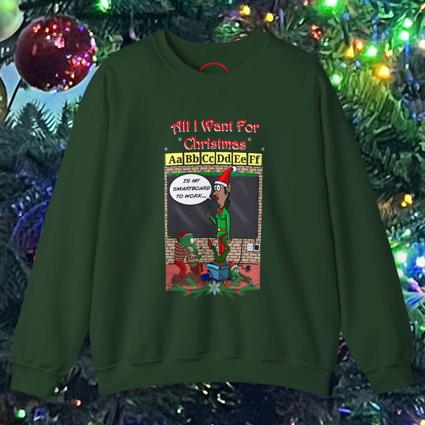 Funny Christmas teacher comic sweatshirt with cartoon classroom design on green crewneck background