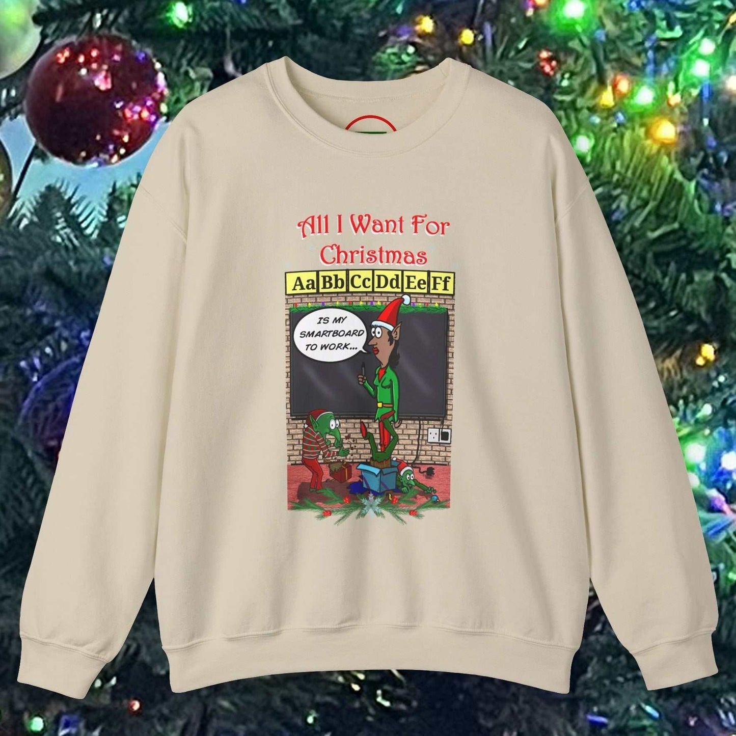 Funny Christmas teacher comic sweatshirt with cartoon elf design and holiday classroom scene