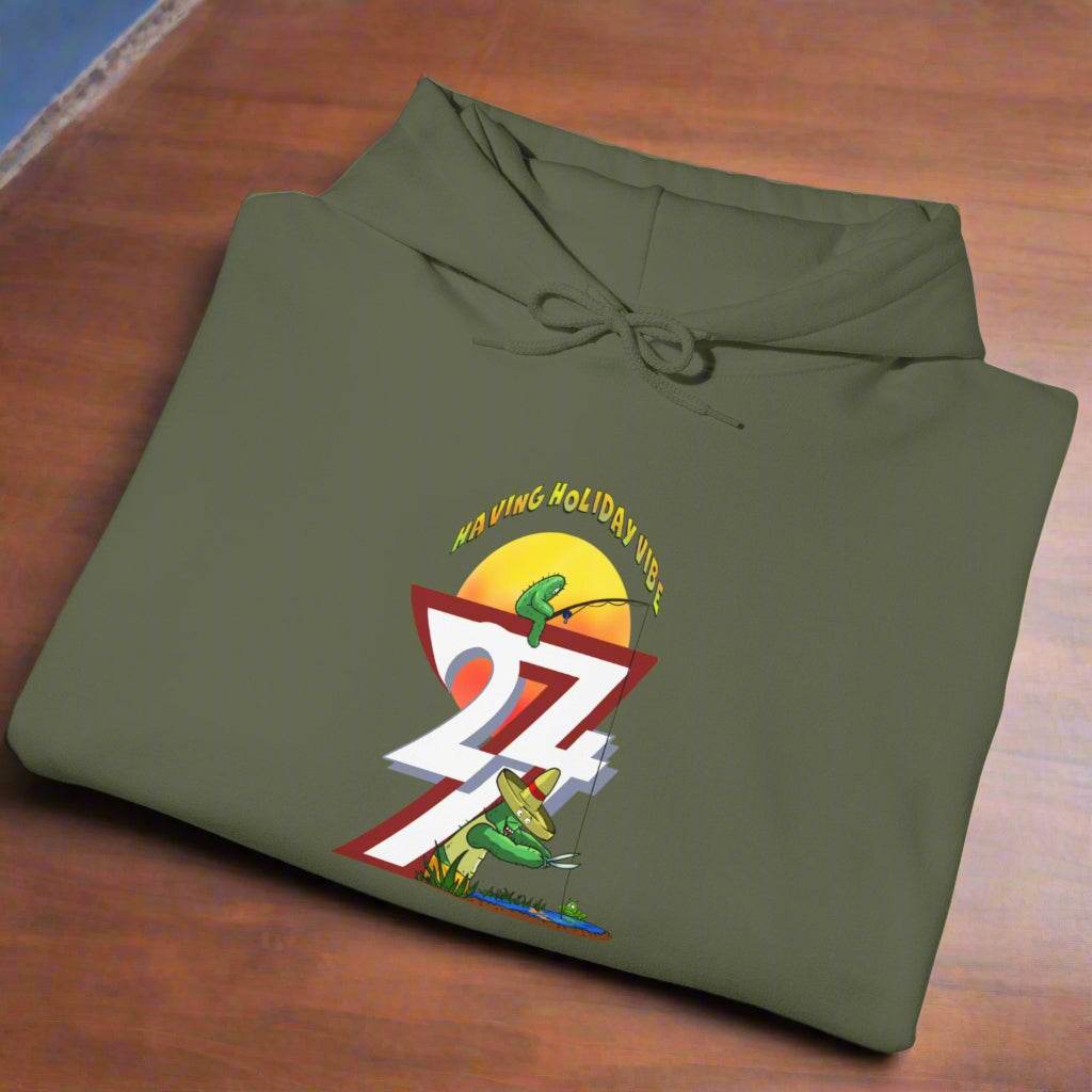 Funny Fishing Hoodie Summer Holiday Jumper Fishing Cactus On Hoodie military green folded