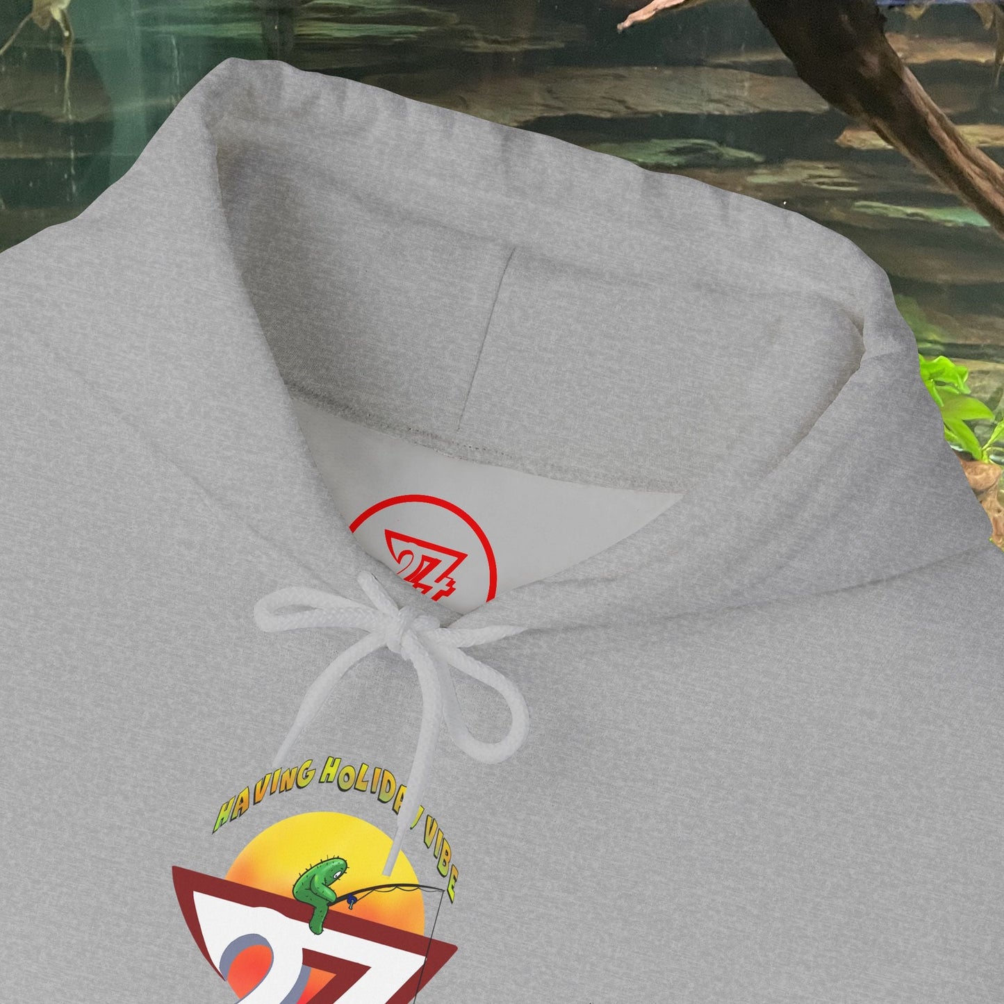Grey Funny Fishing Hoodie with cactus fishing design and summer holiday vibe