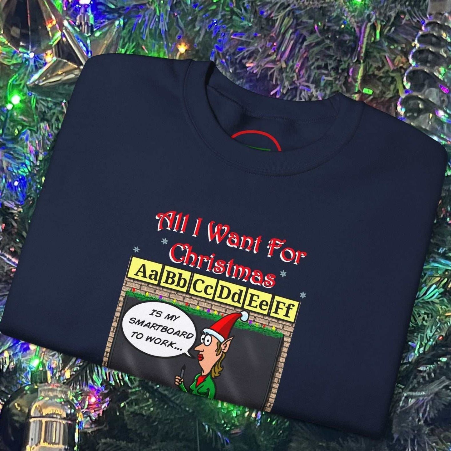 Funny Teacher Christmas sweatshirt with cartoon comic design and festive holiday theme