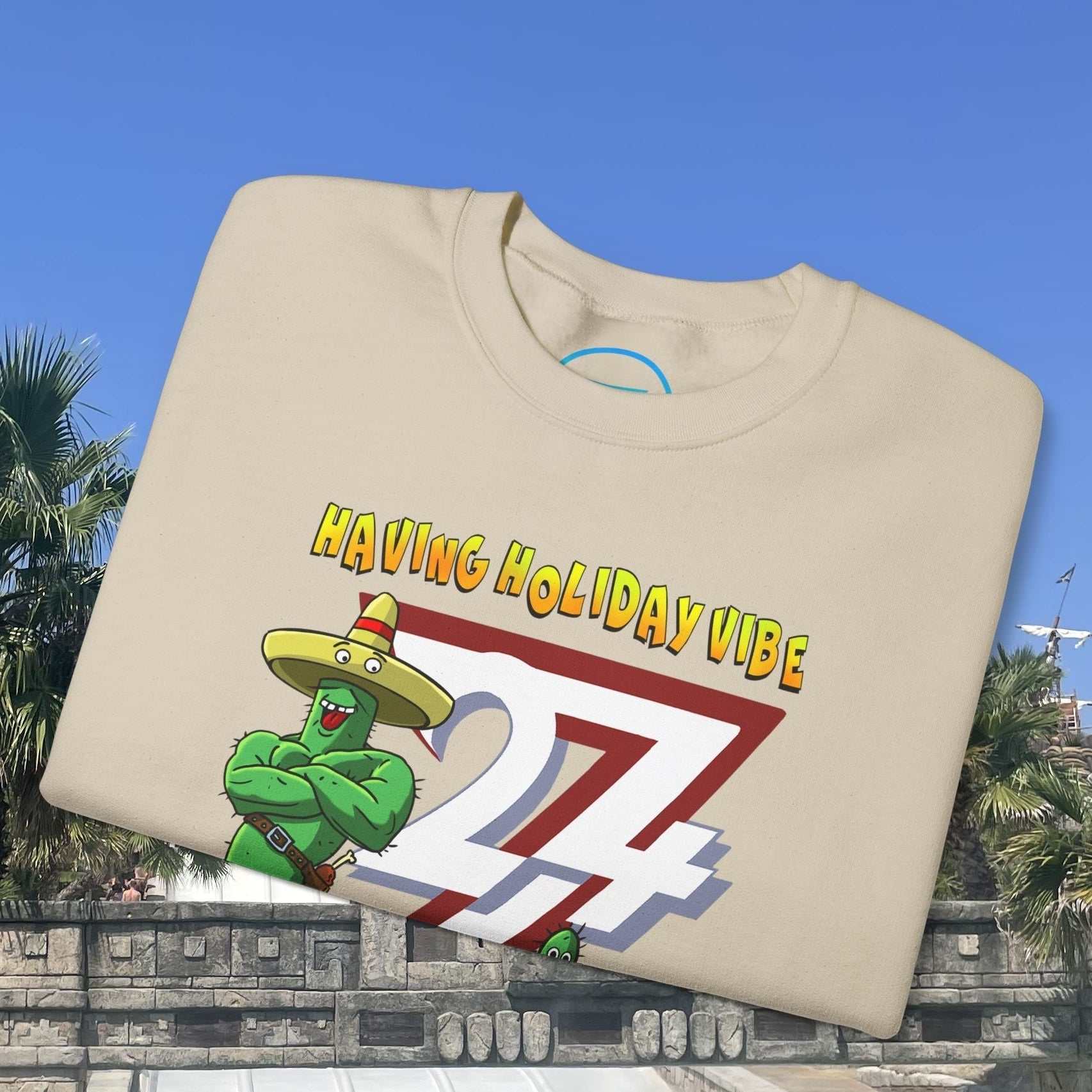 Funny cactus crewneck sweatshirt with cartoon cactus and summer holiday vibe design on beige fabric