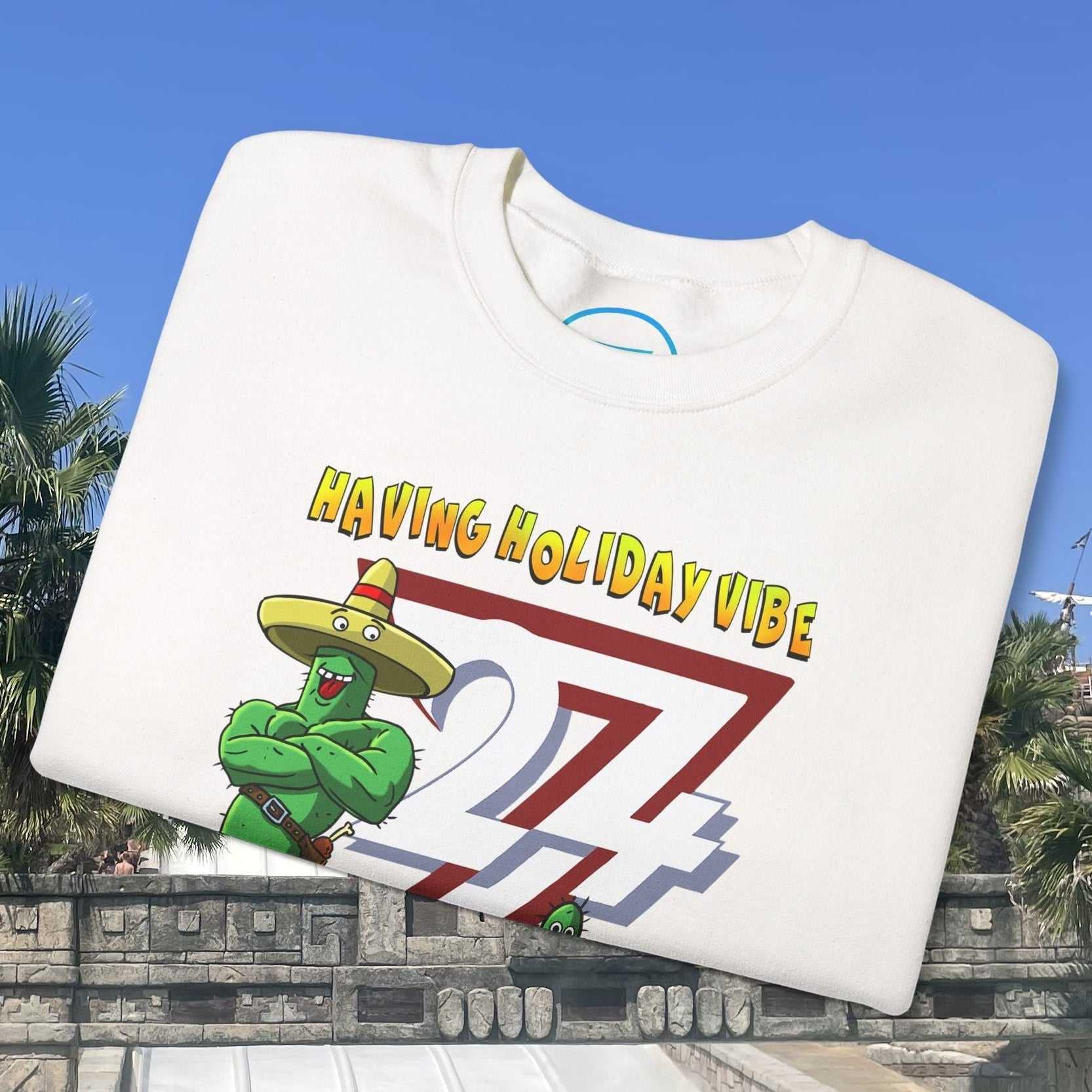 Funny cactus crewneck sweatshirt with cartoon cactus and "Having Holiday Vibe" text, white summer casual wear