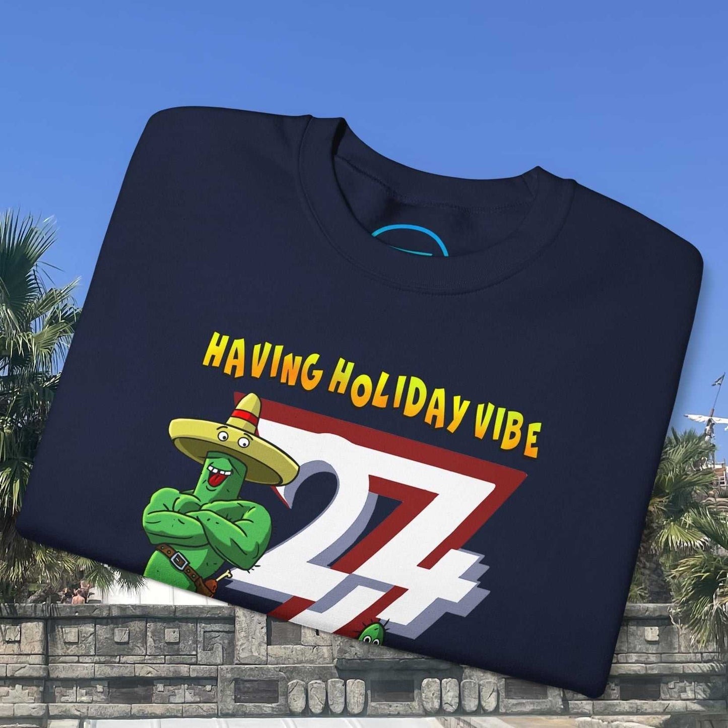 Funny cactus crewneck sweatshirt with cartoon cactus and holiday vibe design on navy fabric