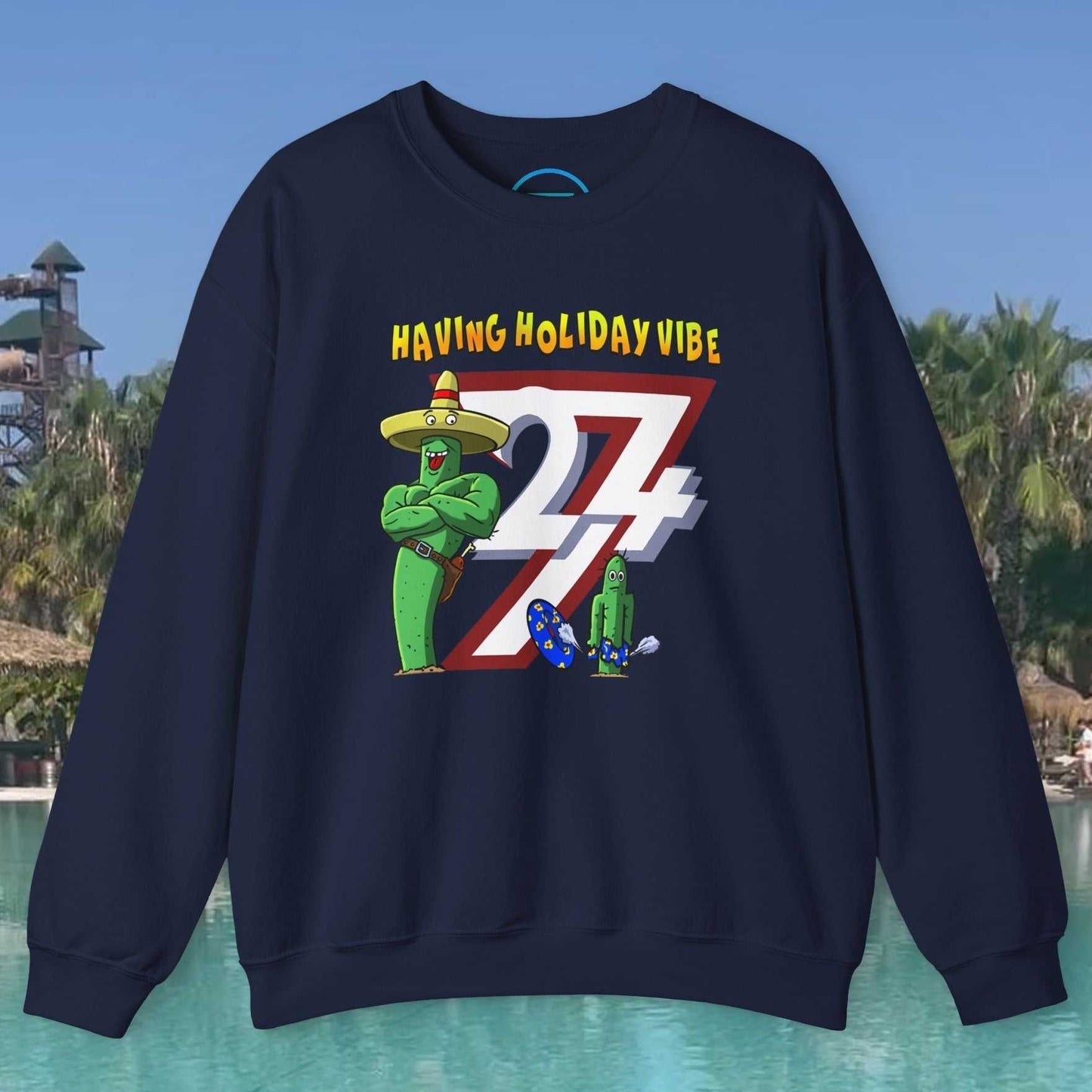 Funny cactus crewneck sweatshirt with cartoon cactus characters and holiday vibe design in navy blue color