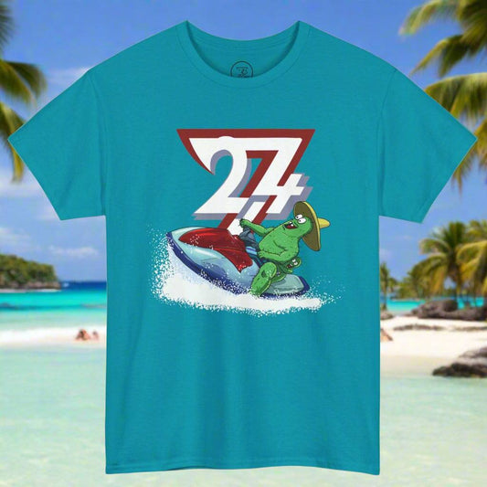 Unisex turquoise cactus shirt with a funny cartoon cactus riding a jet ski and 24/7 logo design