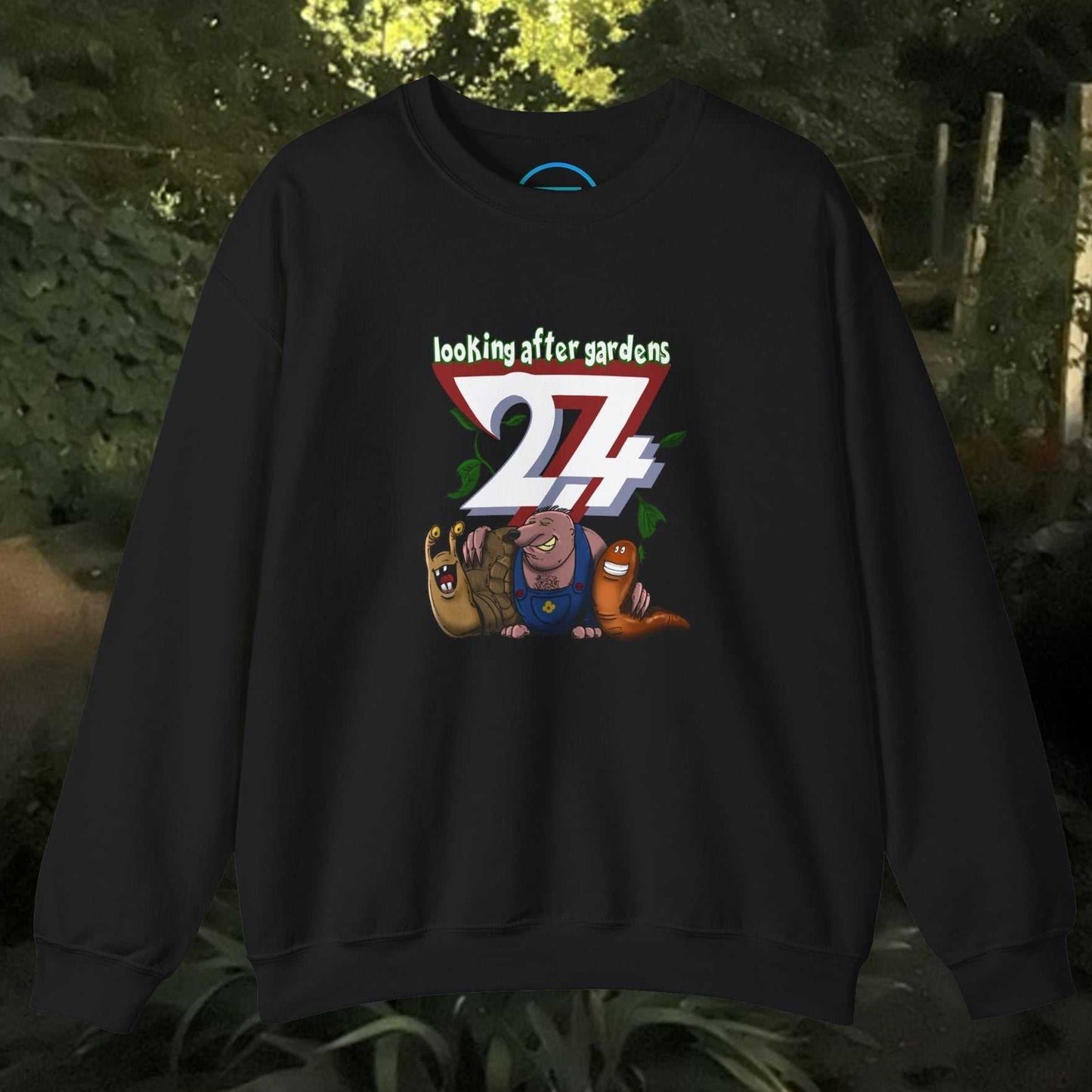 Funny cartoon sweatshirt with gardening squad illustration featuring a snail, mole, and slug on black crewneck.