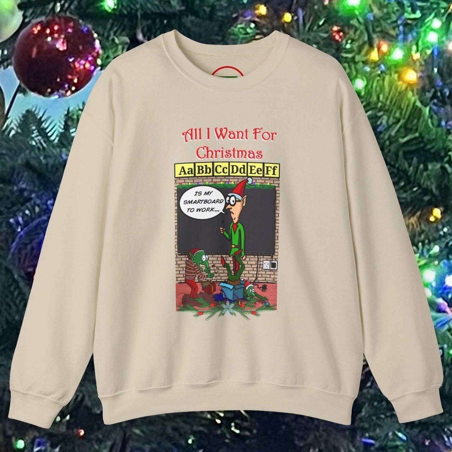 Funny cartoon teacher Christmas sweatshirt with a comic design and festive classroom scene