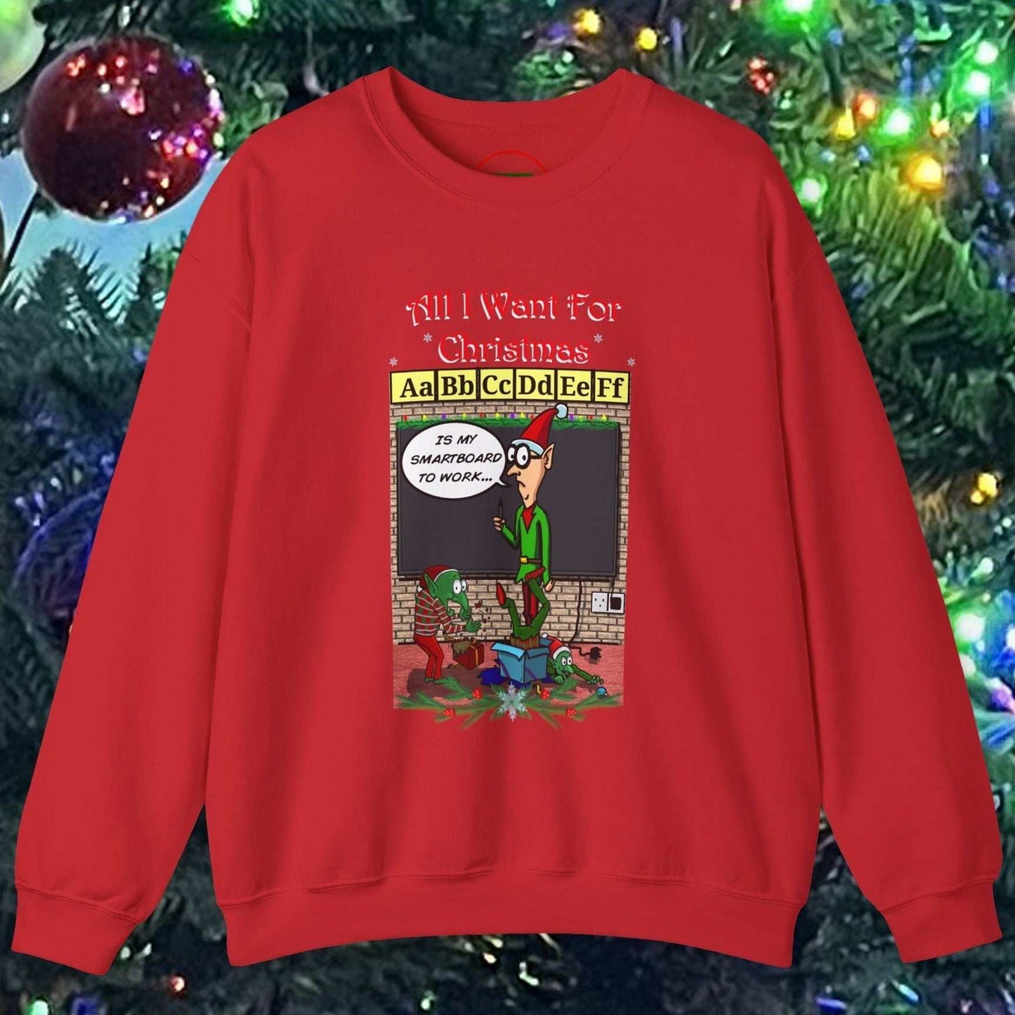 Funny cartoon teacher Christmas sweatshirt with comic design on red background