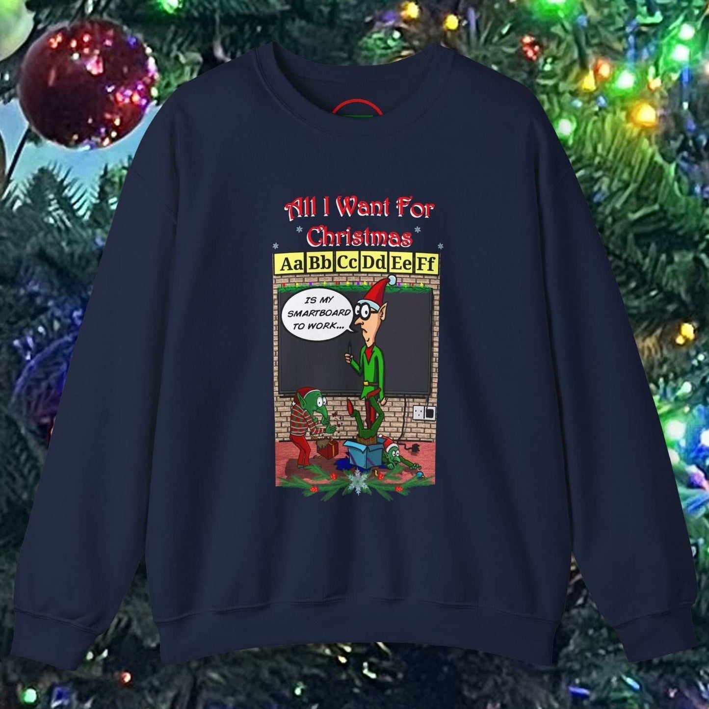Funny cartoon teacher Christmas sweatshirt with festive comic design and holiday message, navy blue color, cozy cotton blend.