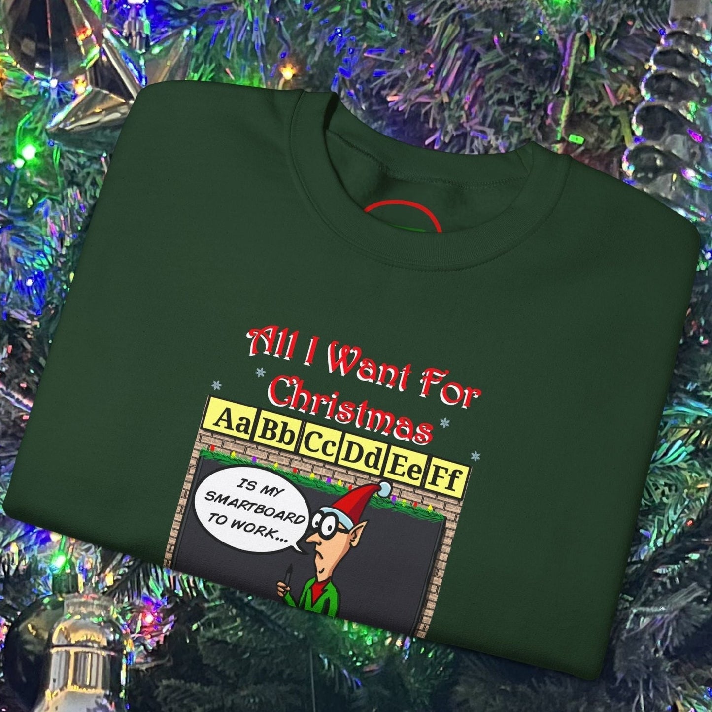 Funny cartoon teacher Christmas sweatshirt with holiday classroom design and humorous text.