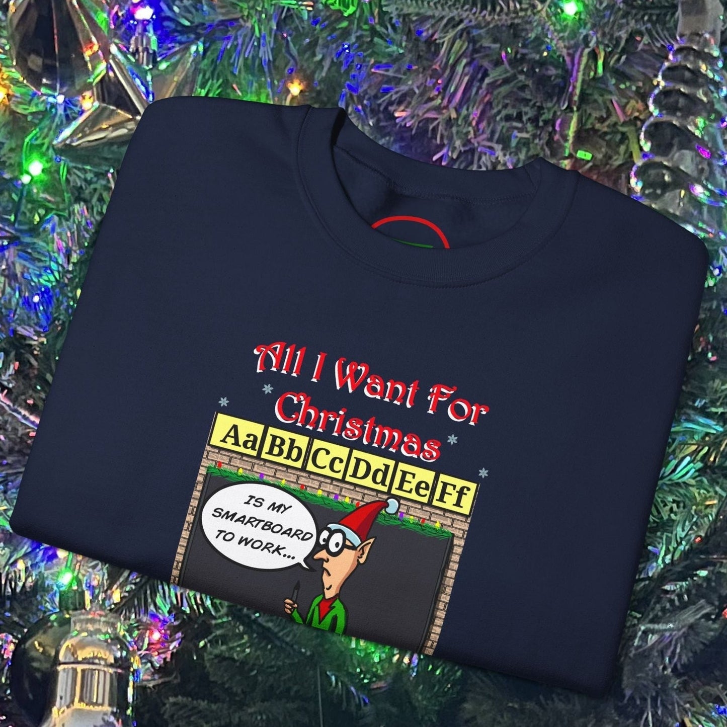 Funny cartoon teacher Christmas sweatshirt with humorous classroom design on navy blue fabric