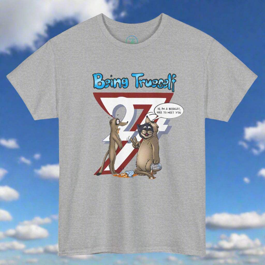 Funny cat t-shirt with cartoon meerkat and "Being True Self" design on gray background