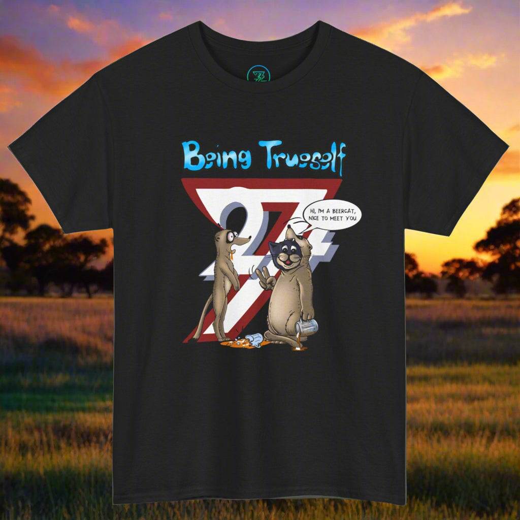 Funny cat t-shirt with cartoon meerkat and emotional "Being Trueself" design on black cotton tee