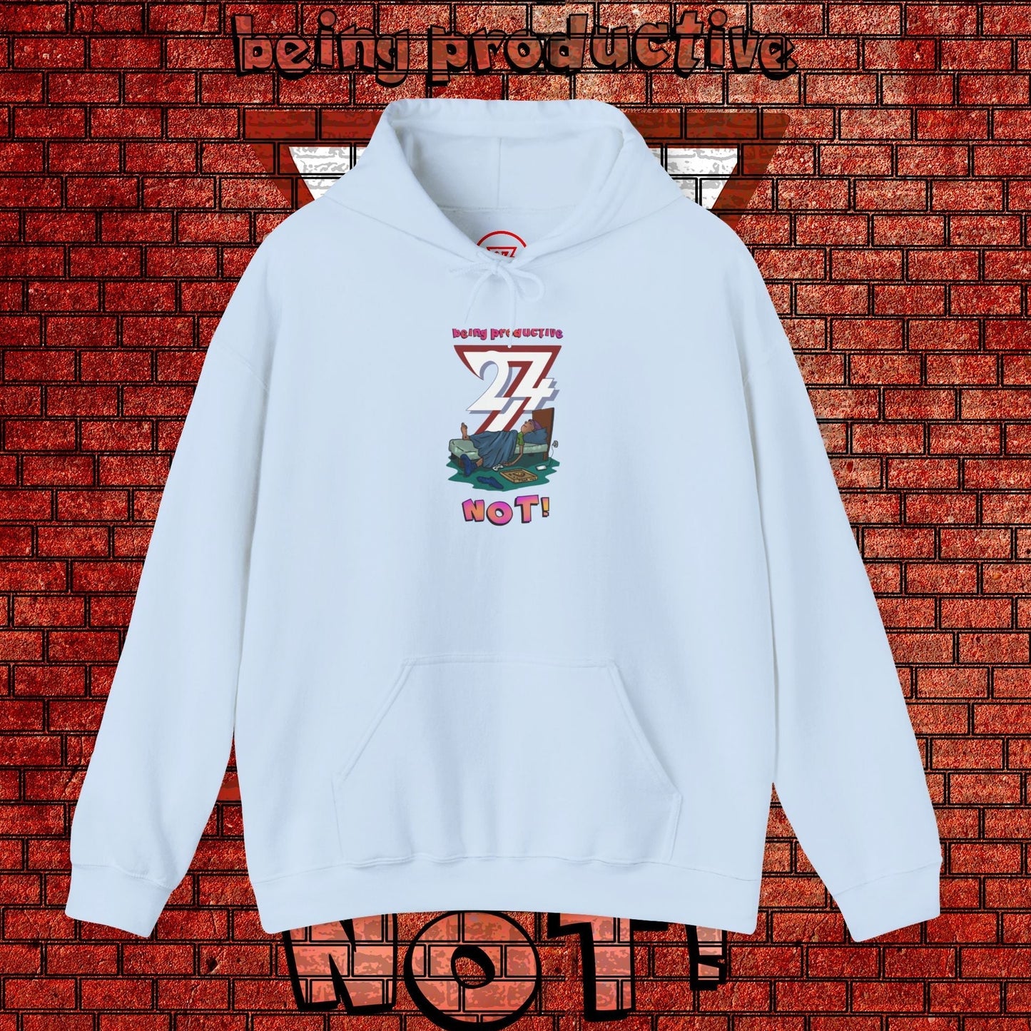 Funny custom hoodie with lazy teen cartoon design, light blue sweatshirt with kangaroo pocket and adjustable hood.