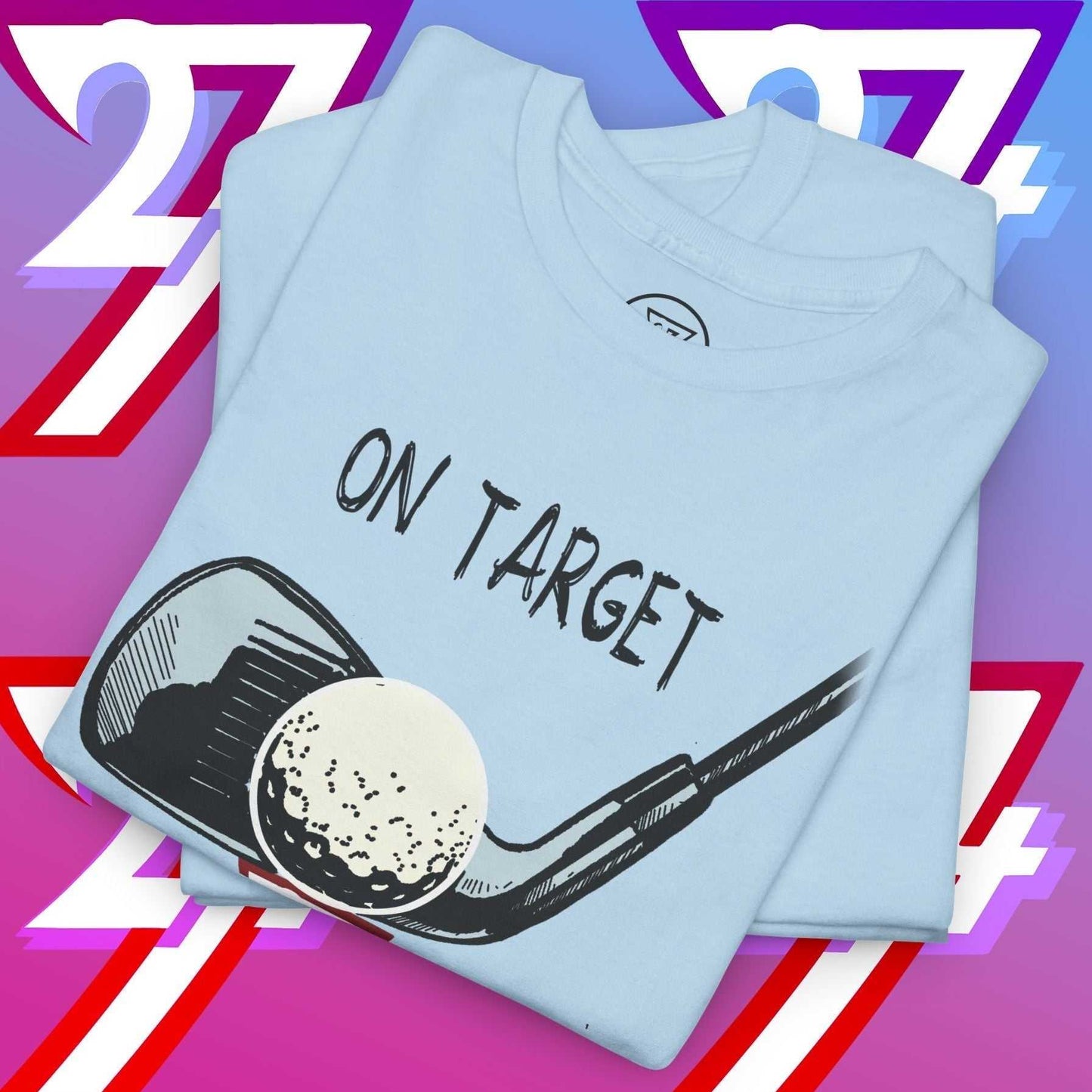 Golf graphic t-shirt with hand-drawn golf club and ball illustration and "On Target" text on light blue cotton fabric