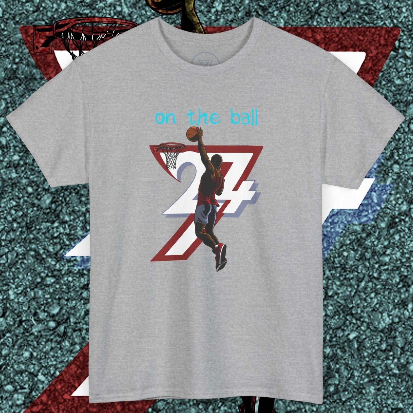 Gray 90s comic-style basketball tee with hand-drawn dunking player and "on the ball" text design