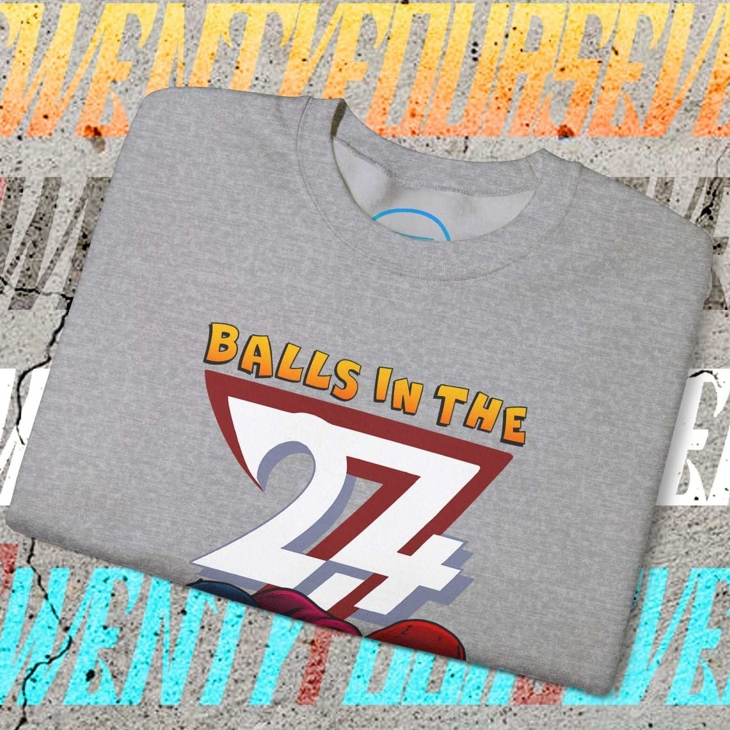 Gray Balls In The Hood Sweatshirt with sporty 24 graphic and urban streetwear design