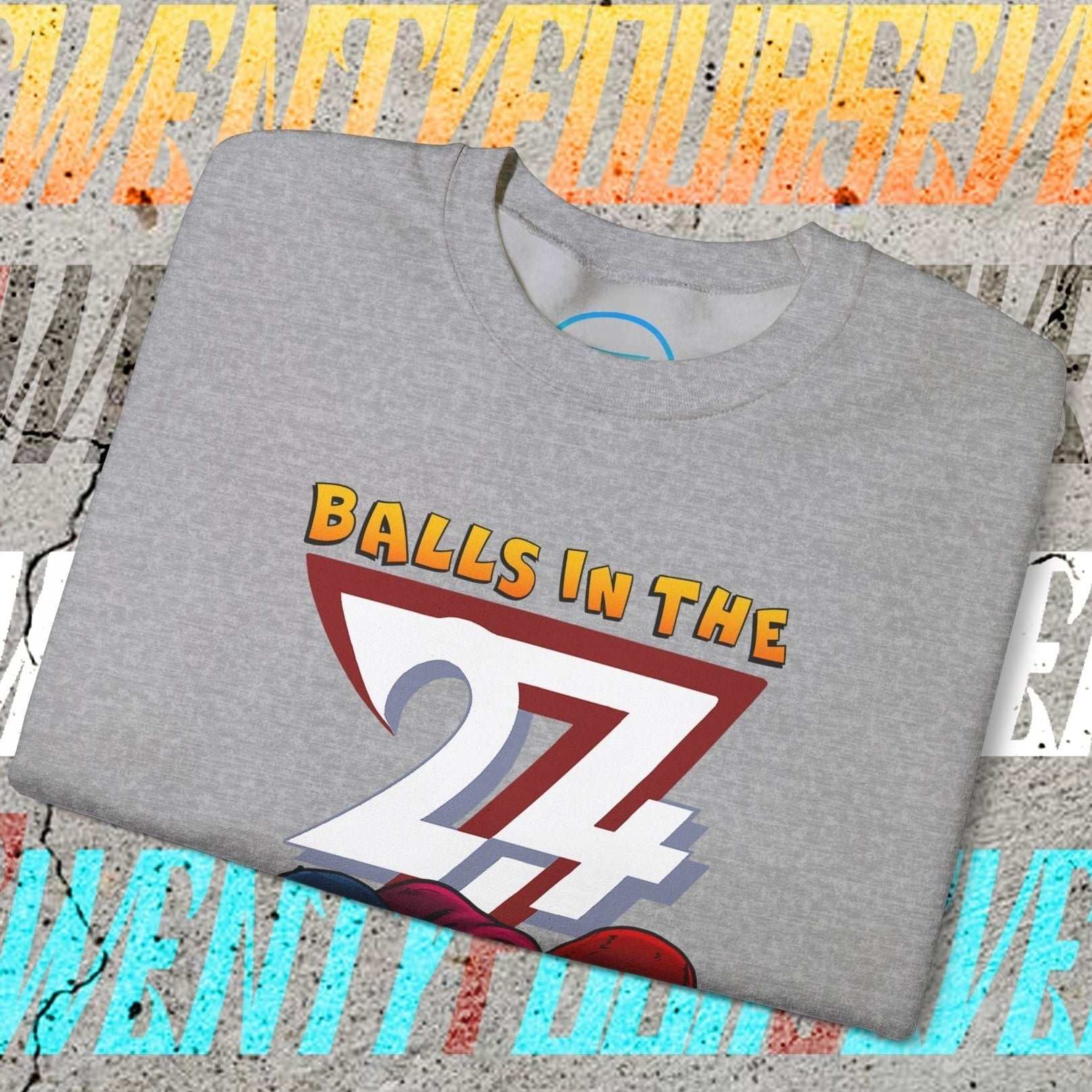 Gray Balls In The Hood Sweatshirt with sporty 24 graphic and urban streetwear design