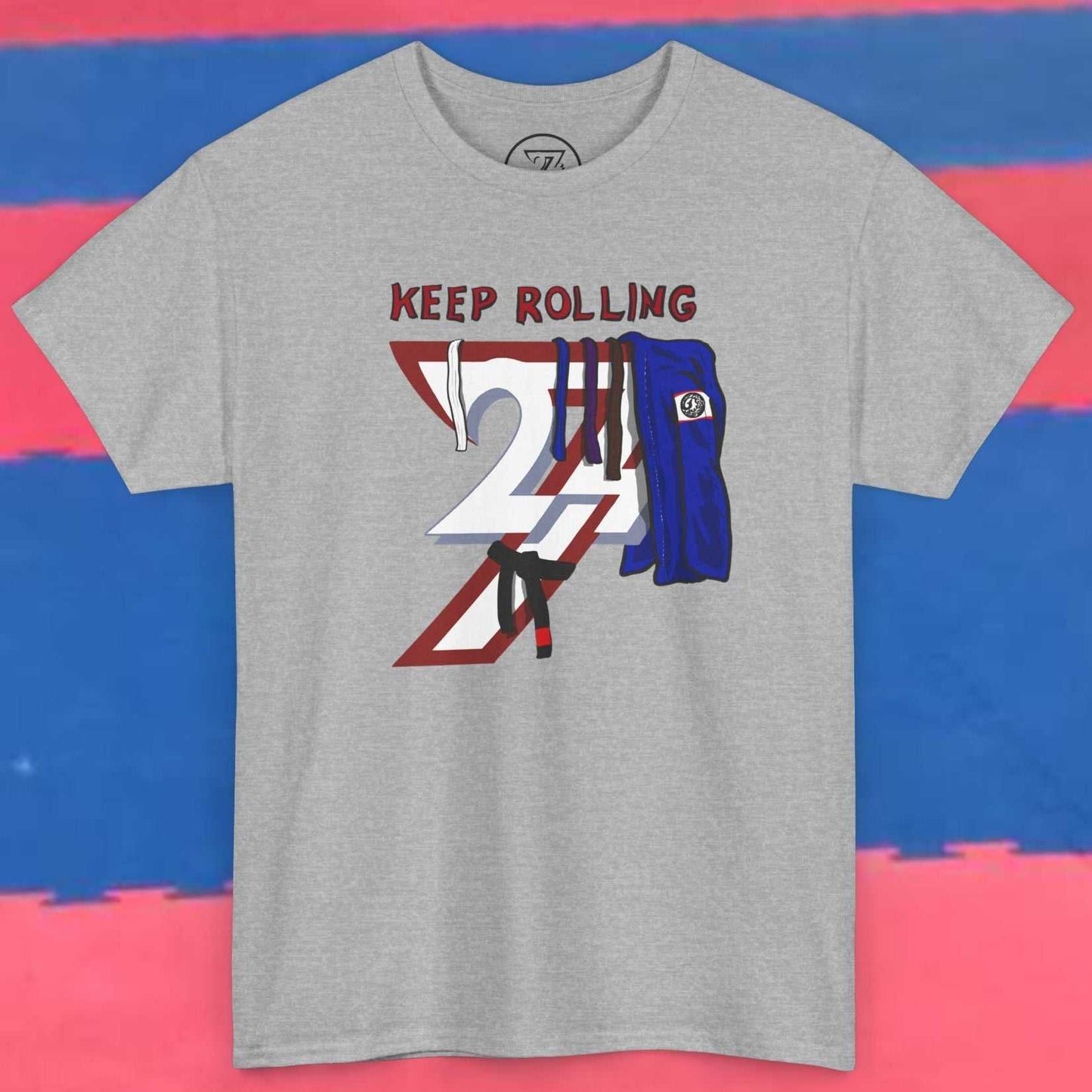 Gray Brazilian Jiu-Jitsu t-shirt with "Keep Rolling" text and martial arts belt graphic on the chest