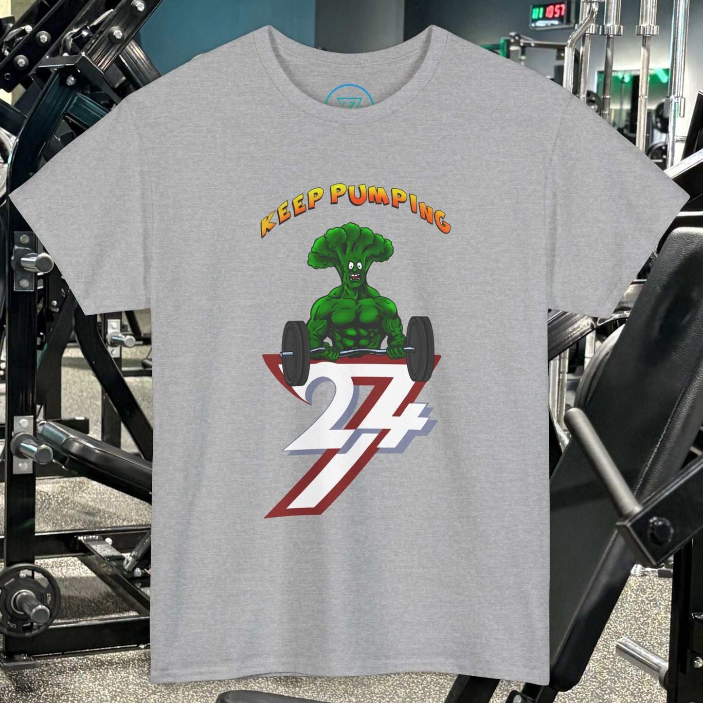 Gray Broccoli Weightlifting Cartoon T-Shirt with "Keep Pumping 24/7" gym design on front