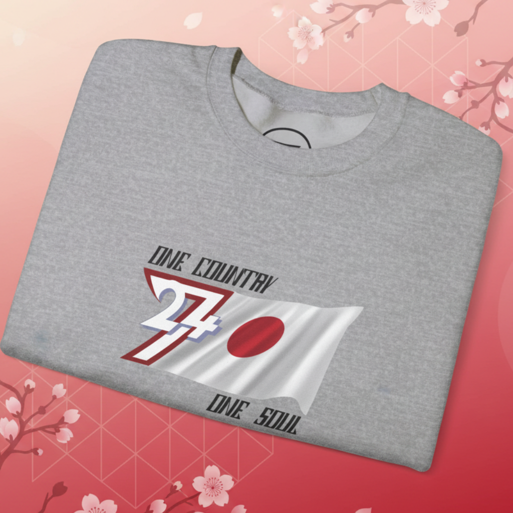 Gray Japan Flag crewneck sweatshirt with hand-drawn red sun-disk and "One Country One Soul" text design