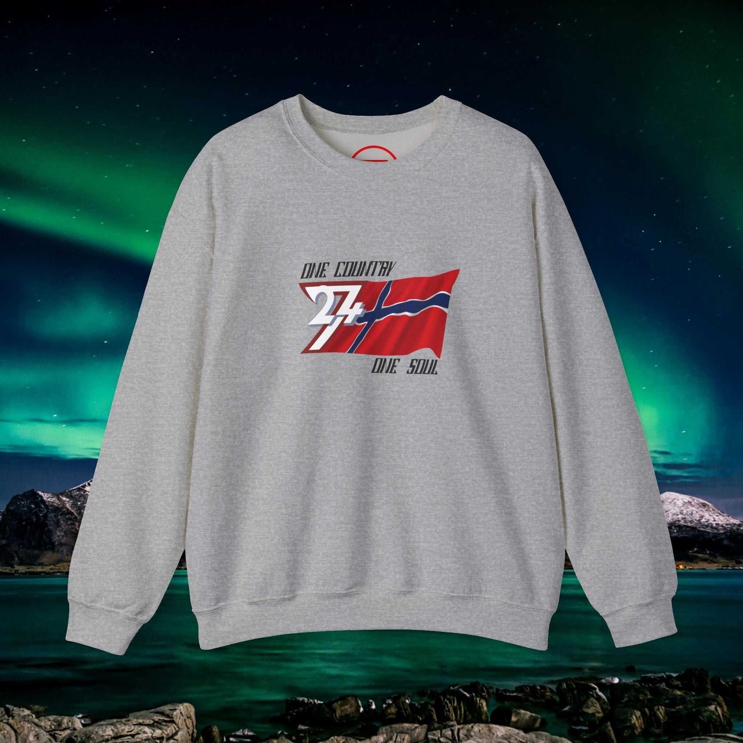 Gray Norway Flag Crewneck Sweatshirt with hand-drawn flag illustration and "One Country One Soul" text, cozy and stylish design
