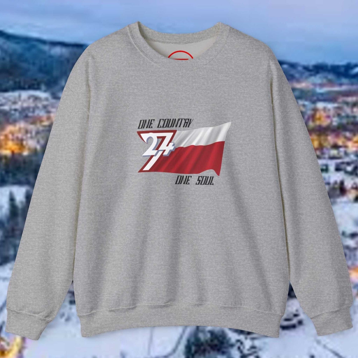 Gray Poland Jumper sweatshirt with "one country one soul" and Polish flag graphic on chest, cozy crewneck design