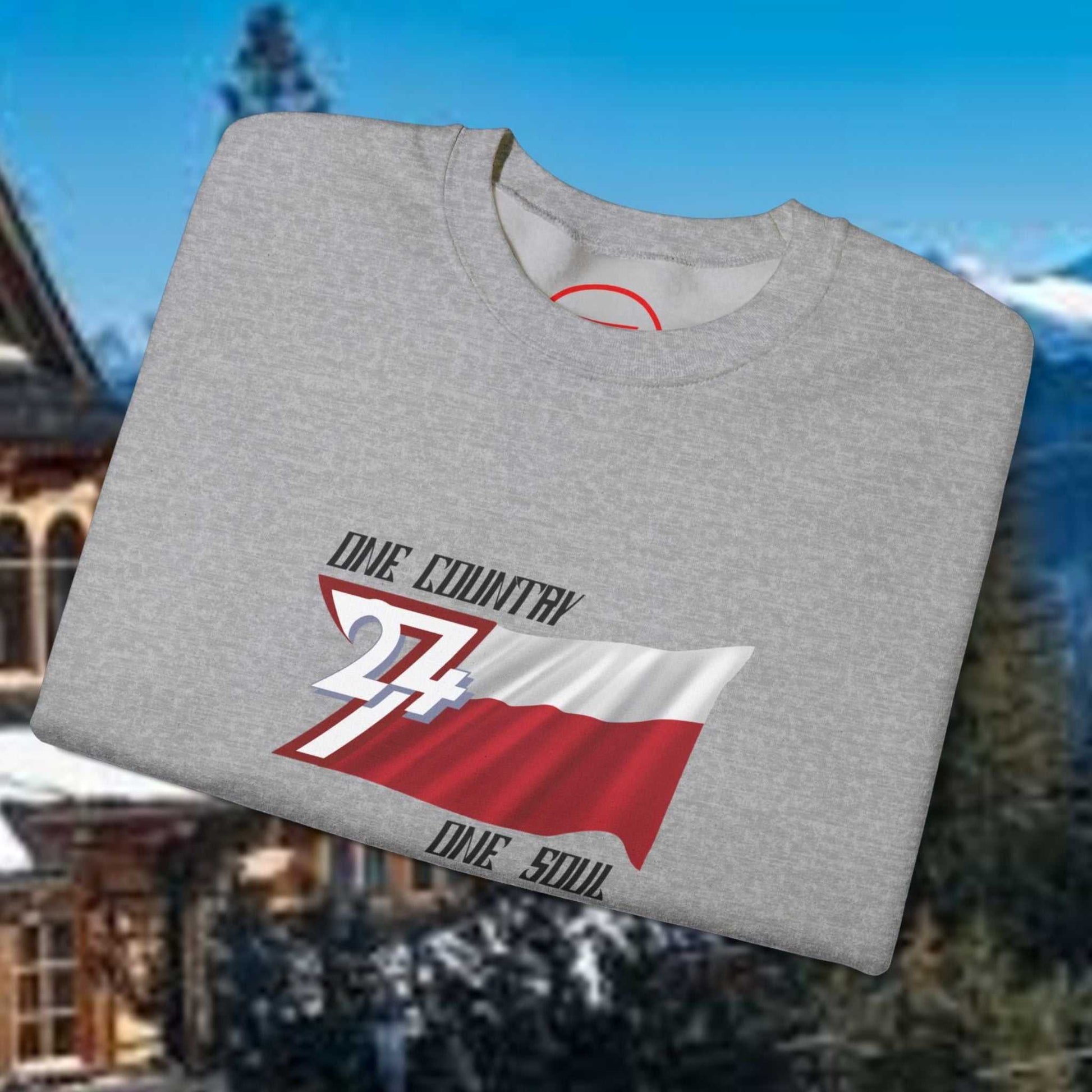 Gray Poland jumper with hand-drawn Polish flag and "One Country One Soul" text design on chest