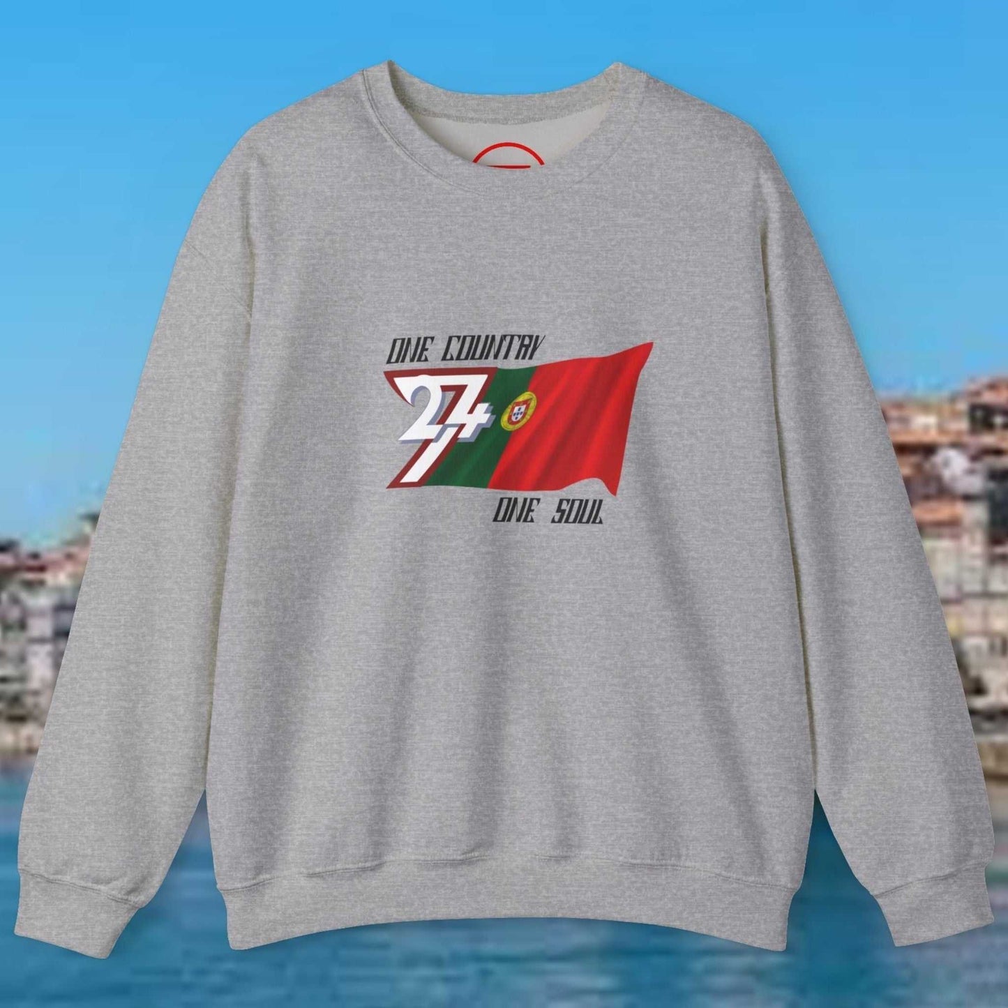 Gray Portugal flag sweatshirt with hand-drawn football World Cup design and "One Country One Soul" text