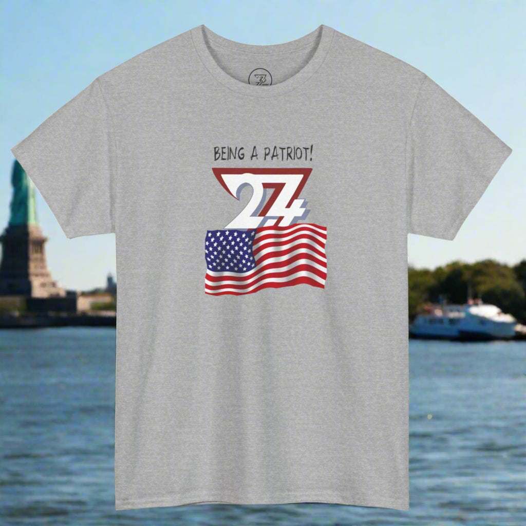 Gray USA Flag t-shirt with patriotic 24/7 design and American flag illustration