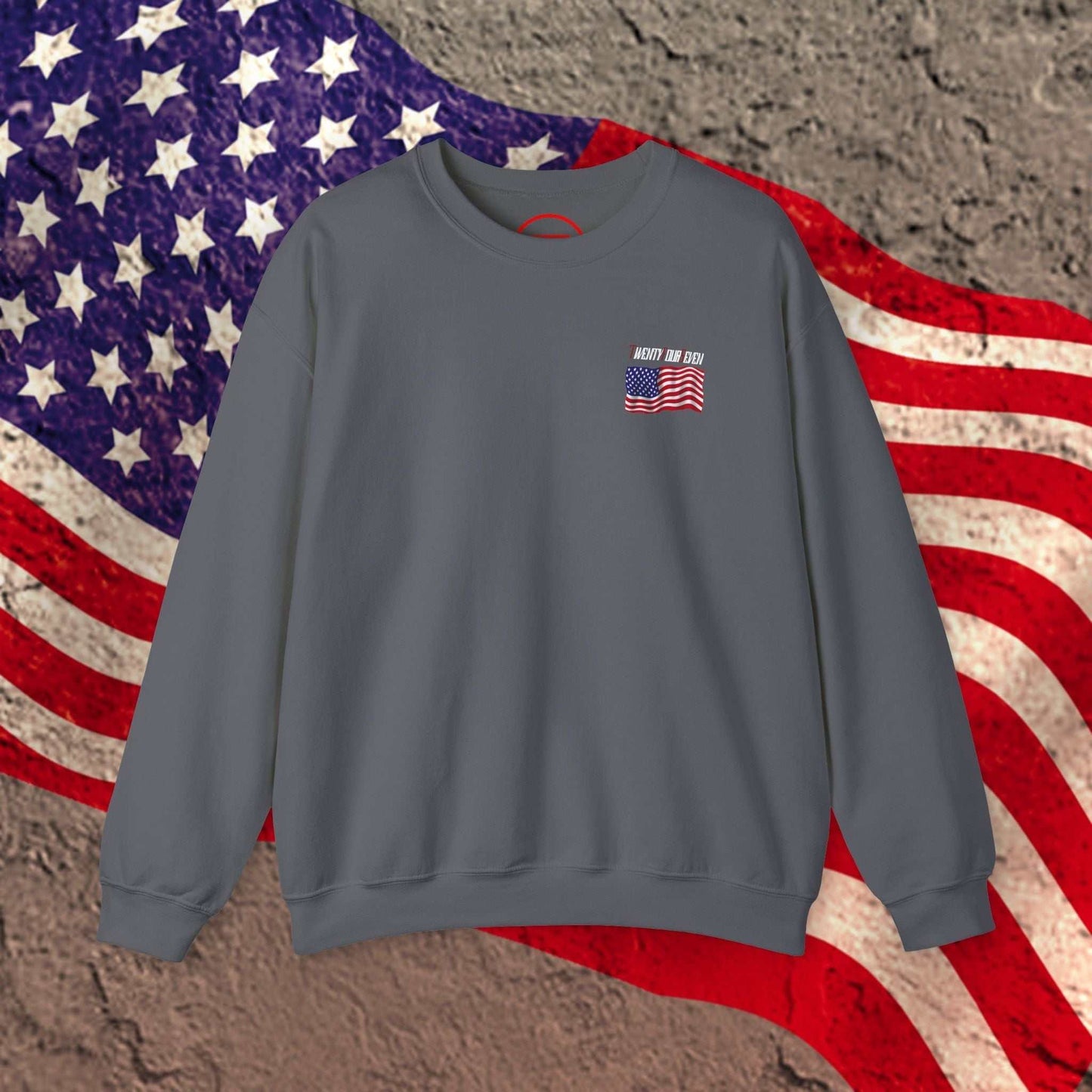Gray US Flag Sweatshirt with small American flag design on chest, perfect for patriotic sports events and celebrations
