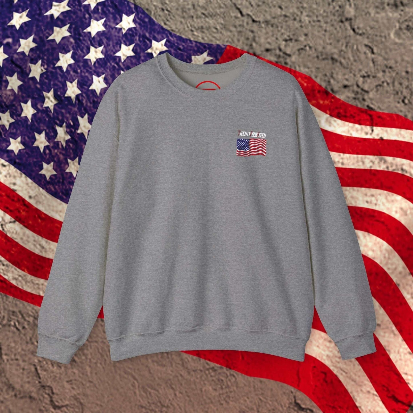 Gray US Flag sweatshirt with hand-drawn American flag design, cozy cotton-poly blend, ideal for patriotic sports events and celebrations