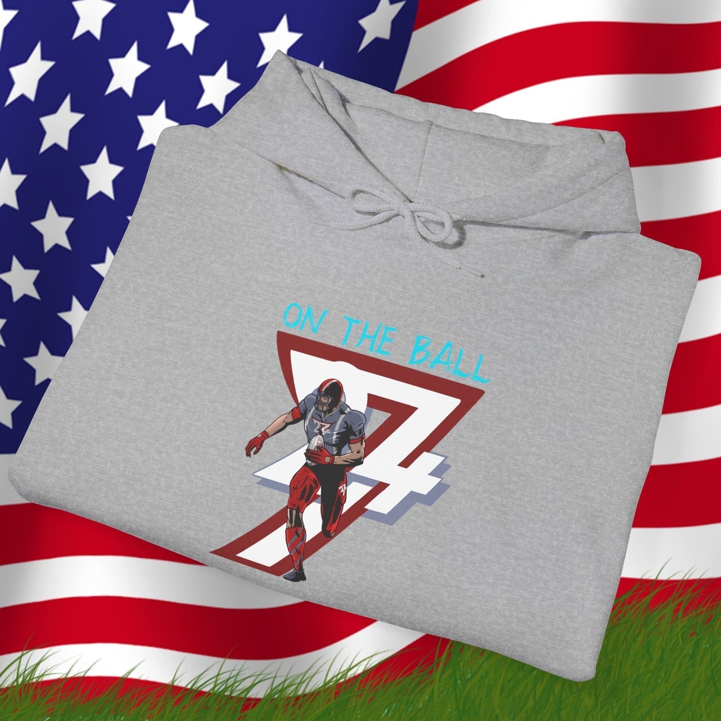 Gray american football hoodie with hand-drawn player design and American flag background