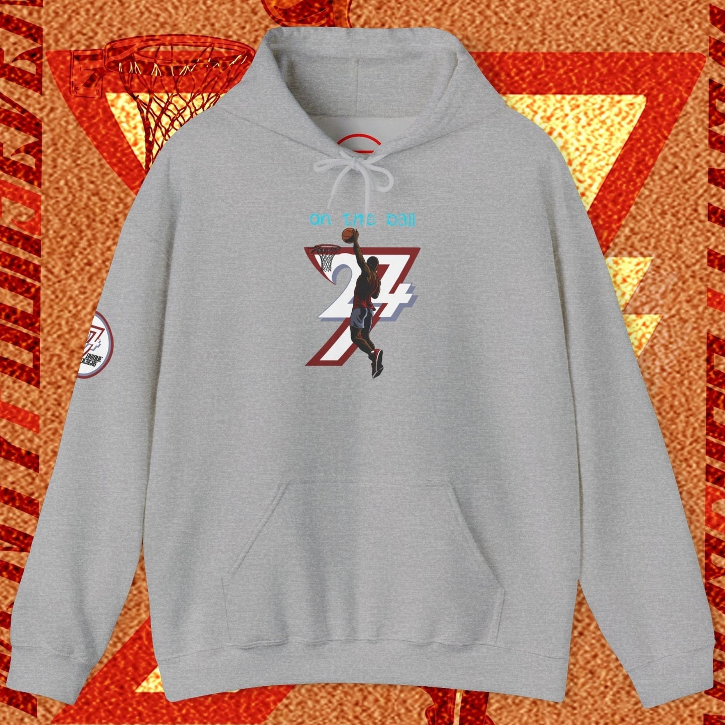 Gray basketball hoodie with unique hand-drawn basketball design and kangaroo pocket, ideal for training and streetwear.
