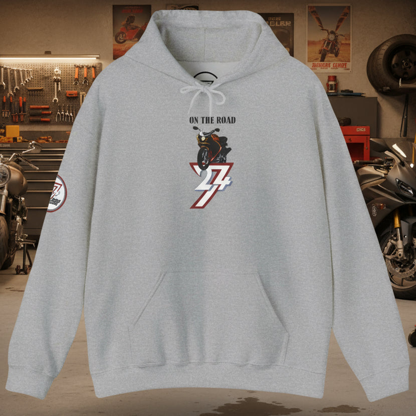 Gray bike hoodie with motorcycle and "On The Road" design by 24/7 Unique Designs