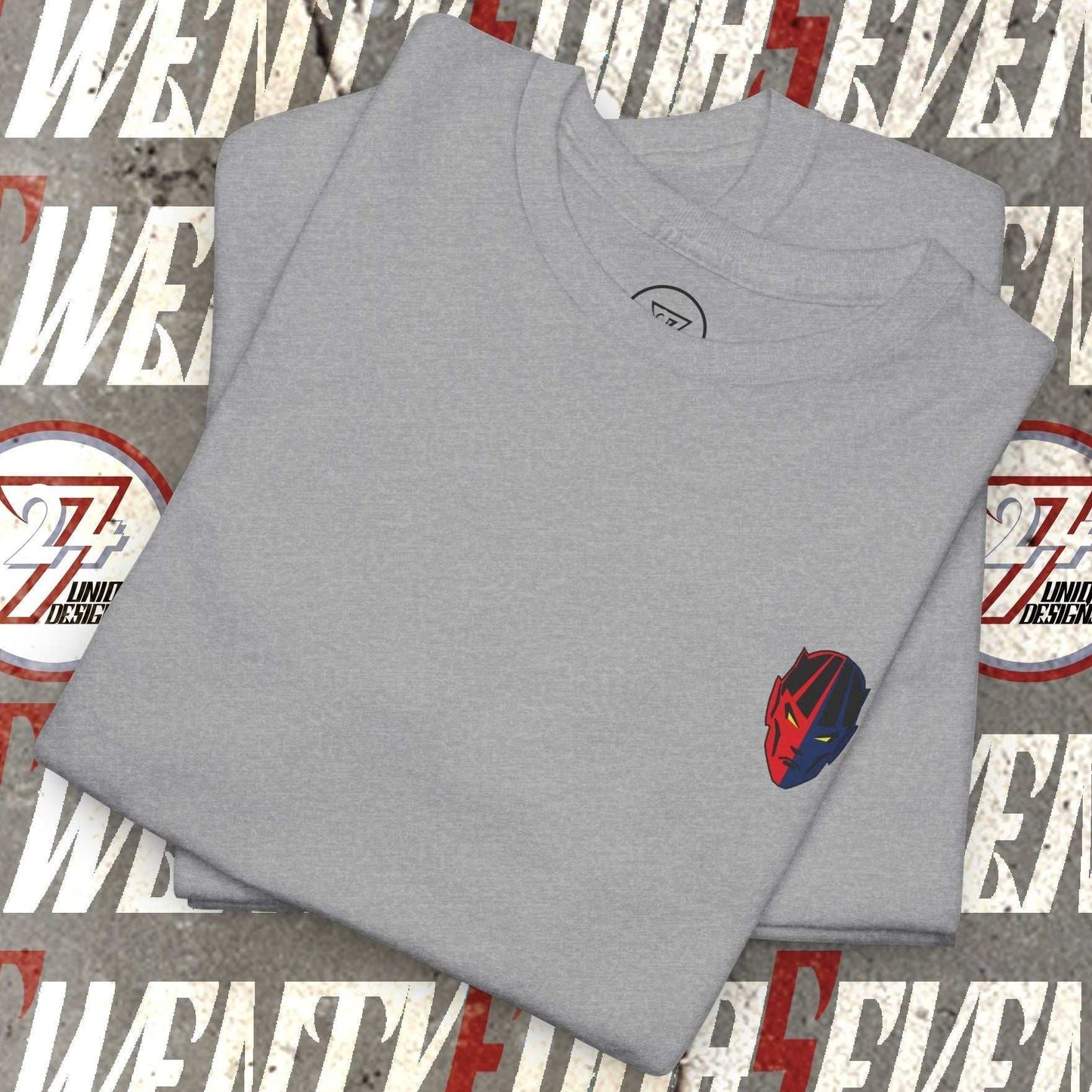 Gray bodybuilding tee with hand-drawn comic-style fitness character graphic on chest