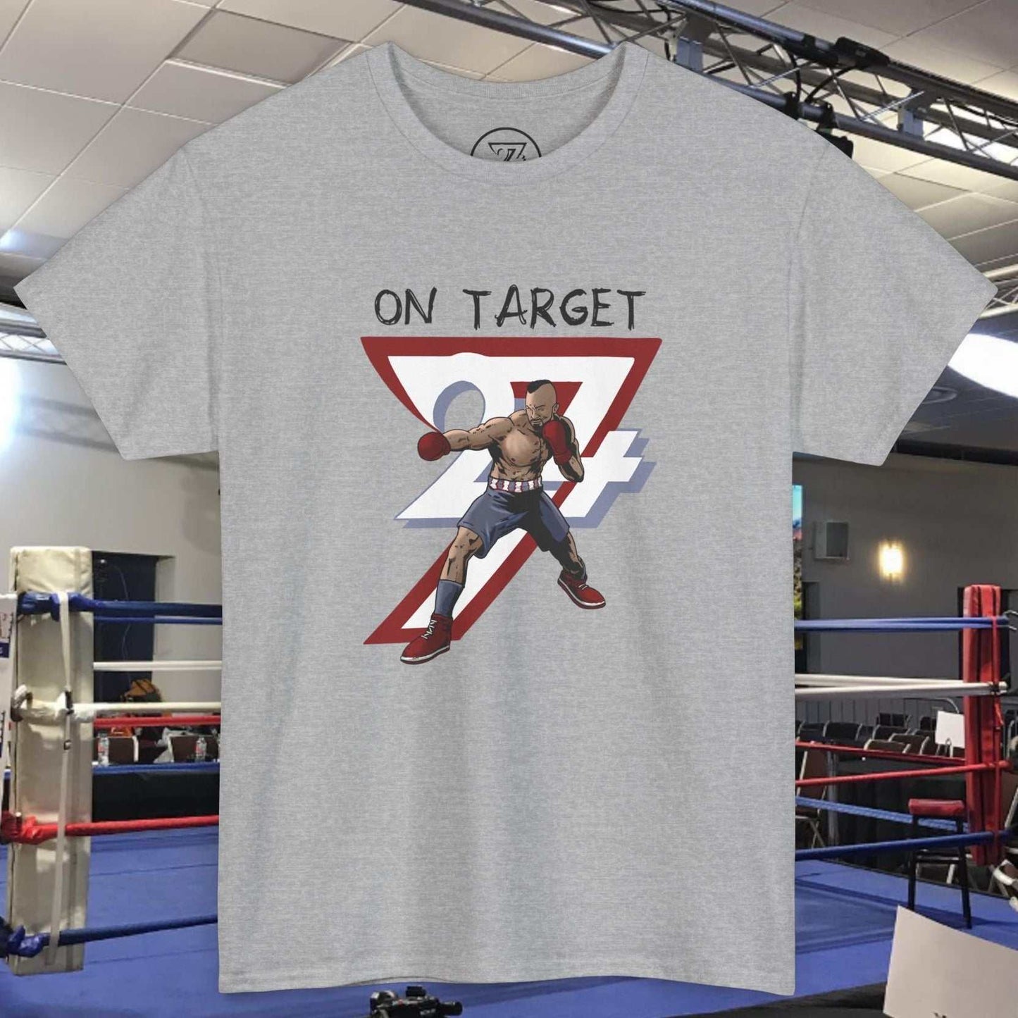 Gray boxing graphic shirt with hand-drawn boxer illustration and "ON TARGET" text in a boxing ring setting