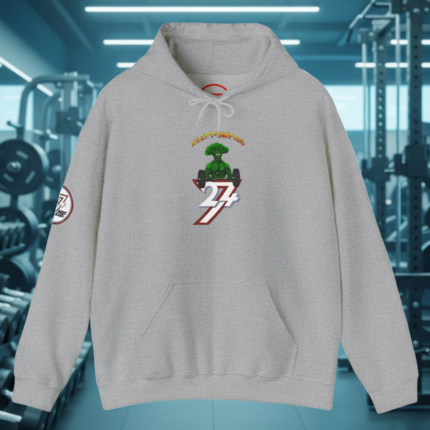 Gray broccoli hoodie with cartoon broccoli design and kangaroo pocket by 24/7 Unique Designs