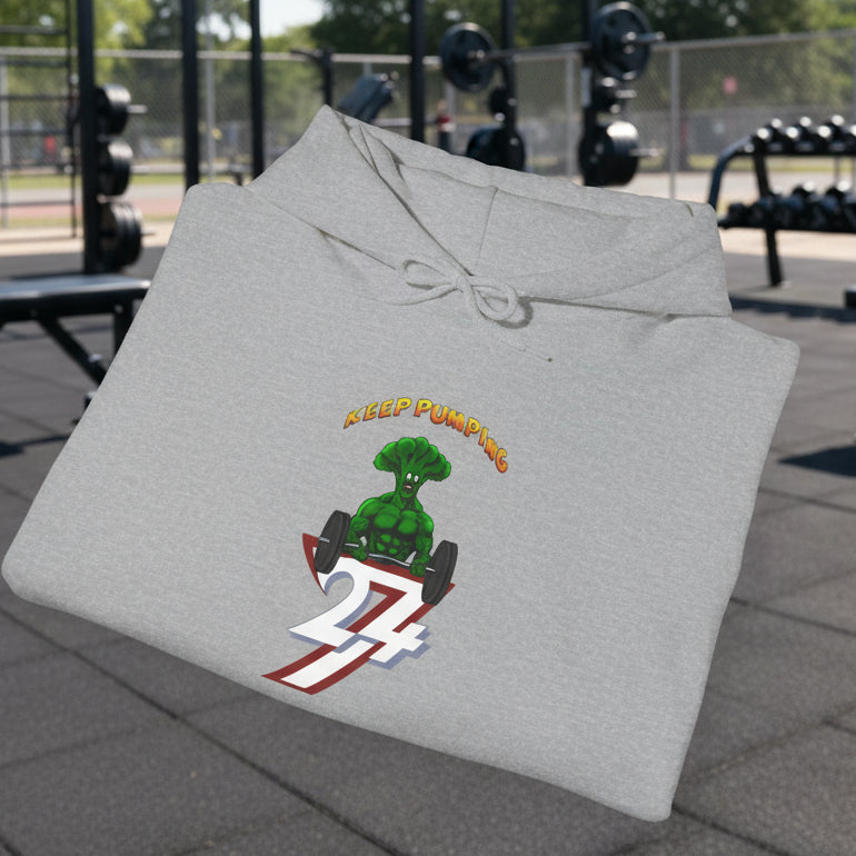 Gray broccoli hoodie with workout cartoon design and adjustable hood by 24/7 Unique Designs