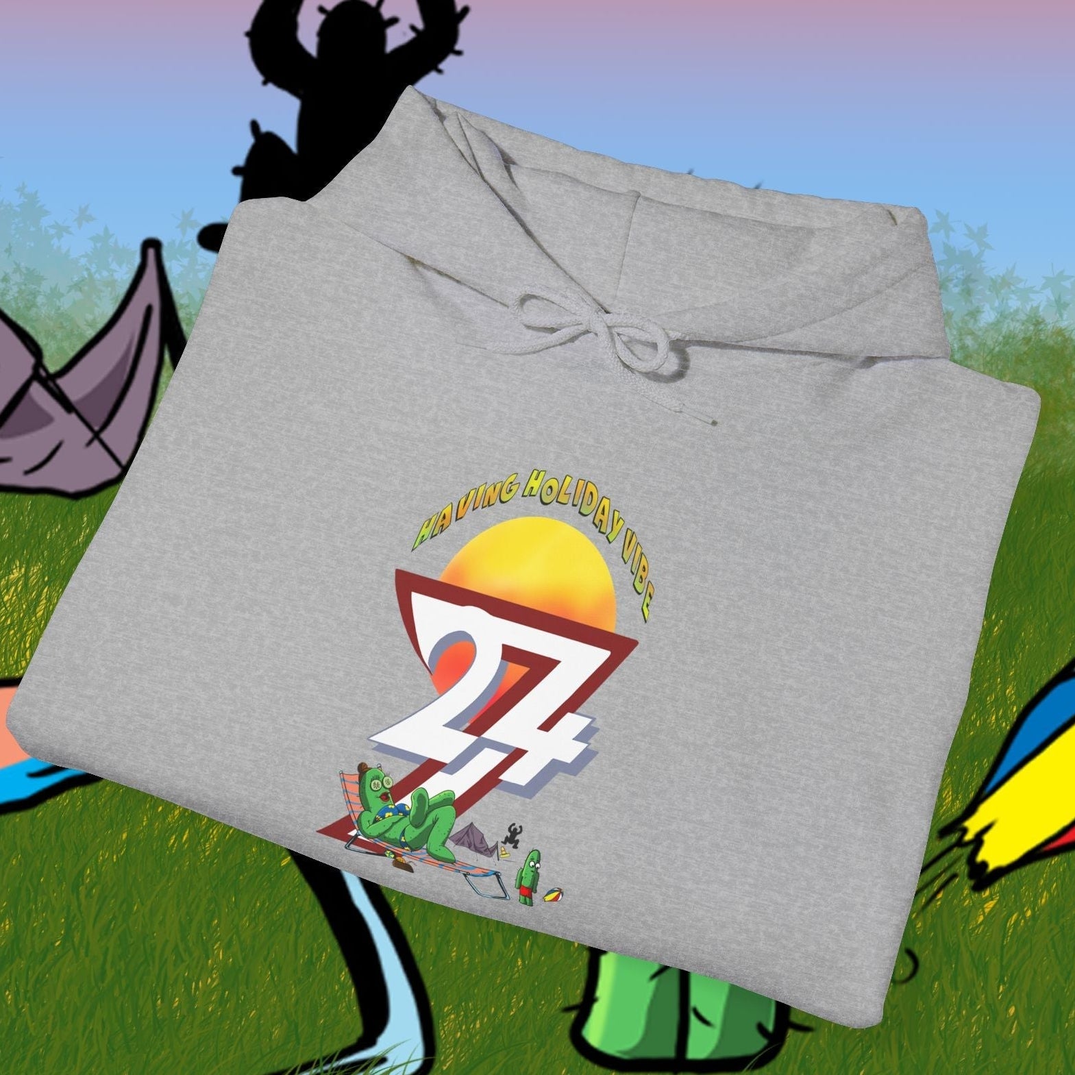 Gray cactus hoodie with cartoon character and camping design, unisex winter sweatshirt