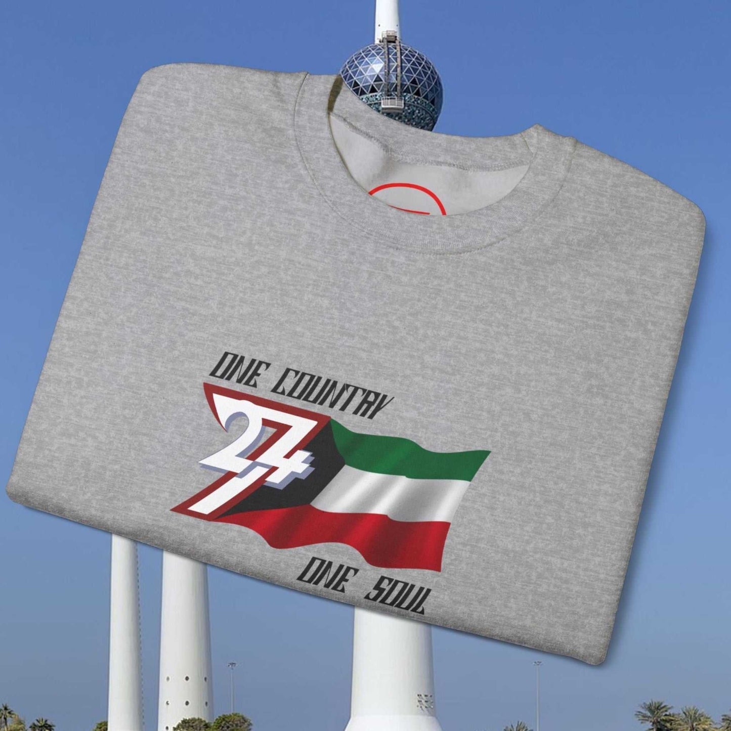 Gray crewneck jumper with hand-drawn Kuwait flag illustration and "One Country One Soul" text