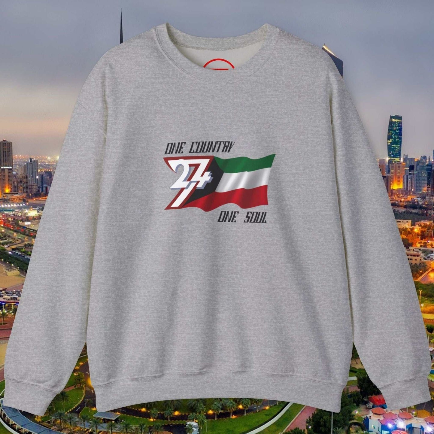 Gray crewneck jumper with hand-drawn vibrant Kuwait flag and "One Country One Soul" text design