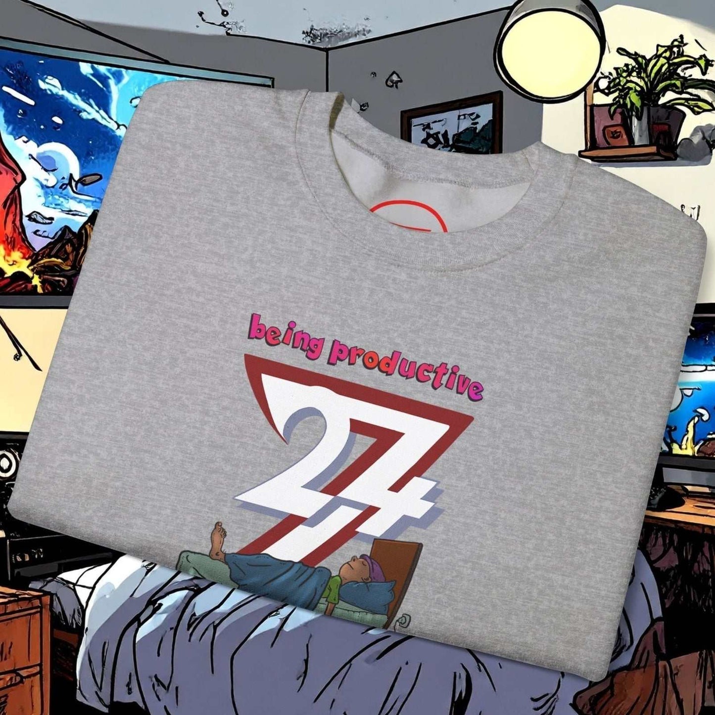 Gray Lazy Teenager Unisex Sweatshirt with colorful hand-drawn lazy teen graphic and "being productive 24/7" slogan