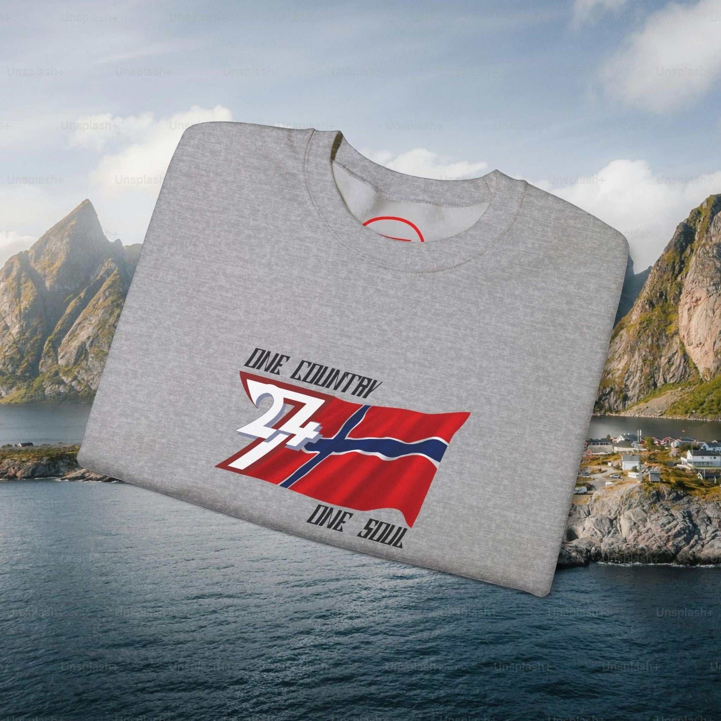 Gray crewneck sweatshirt with hand-drawn Norway flag and "One Country One Soul" text design
