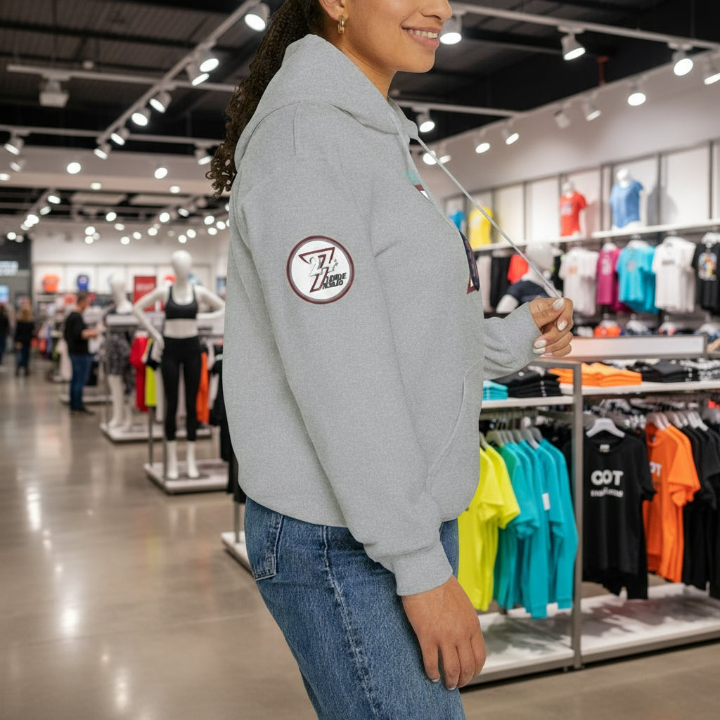 Gray darts hoodie with adjustable drawstring hood and kangaroo pocket worn by a woman