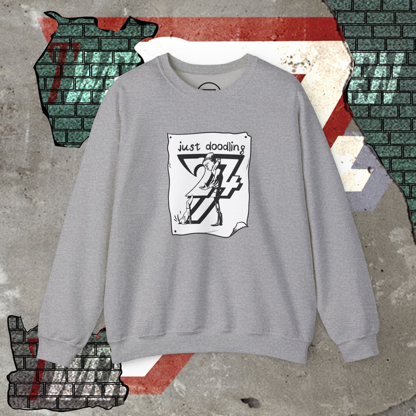 Gray dog illustration sweatshirt with hand-drawn cartoon design and "just doodling" text